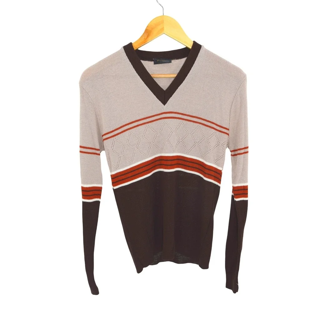 Hands On V Neck‎ Sweater Long Sleeve Stripe Pattern Size M